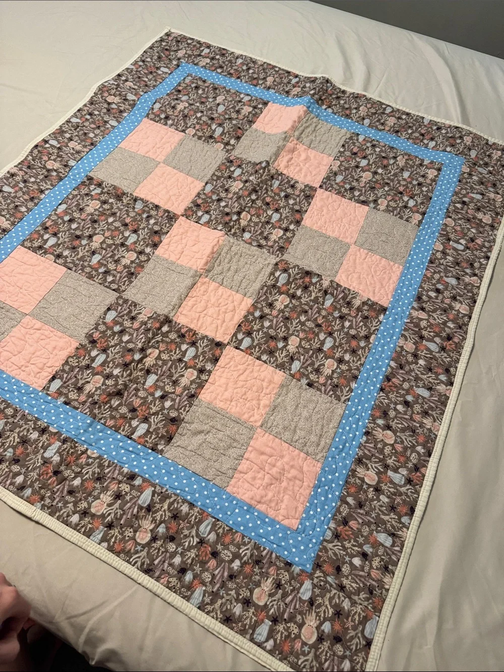Handmade Floral Patchwork Baby Quilt with seashells in Pink, Blue & Brown